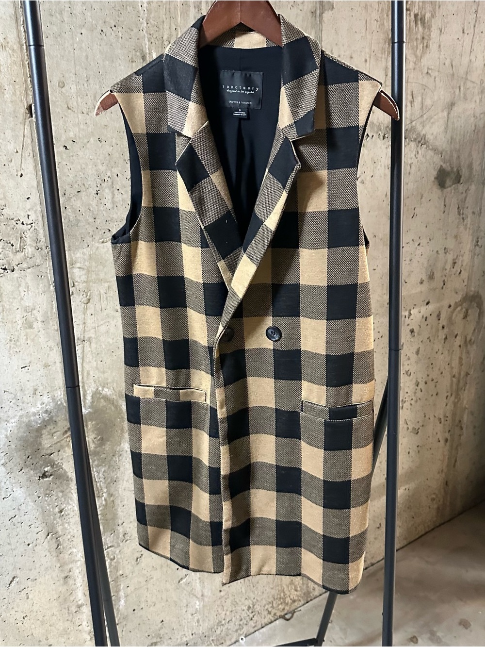 Sanctuary Black & Tan Check Sleeveless Blazer Vest